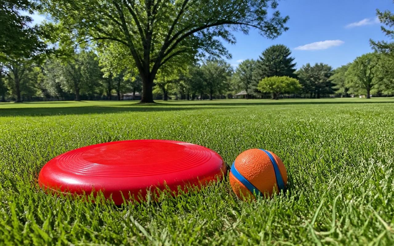 A red frisbee and an orange ball lying on a sunny green park lawn